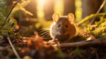 a little mouse in the forest during the sunset