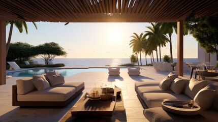 Fototapeta premium Interior modern open plan lounge patio close to the pool ,Modern balcony next to the beautiful sea,ocean