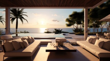 Fototapeta premium Interior modern open plan lounge patio close to the pool ,Modern balcony next to the beautiful sea,ocean