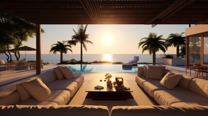 Fototapeta premium Interior modern open plan lounge patio close to the pool and ocean 
