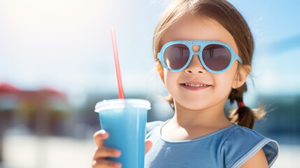 little girl with sunglasses wearing light blue shirt ,Little kid with drink, kid with smoothie