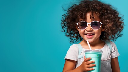 little girl with sunglasses wearing light blue shirt ,Little kid with drink, kid with smoothie - obrazy, fototapety, plakaty