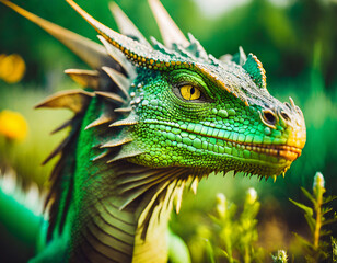 Green dragon, close up, bold and vibrant colors. Fantasy style illustration