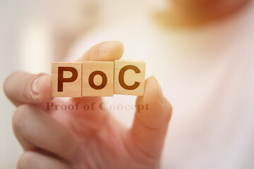 PoC Proof of Concept text on wooden, business term - obrazy, fototapety, plakaty