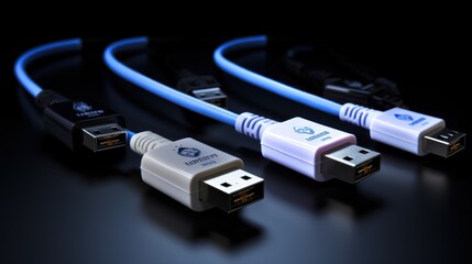 Set of white, black and blue USB cabel mock ups.Computer equipment, connection technology