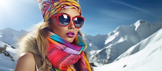 Winter fashion model posed in the mountains wearing a colorful bikini and winter accessories. - obrazy, fototapety, plakaty