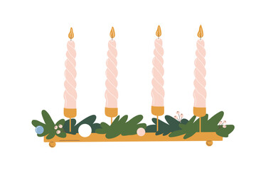 Advent wreaths with long four candles.Vector illustration in flat style