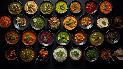 Indian Food Selection,Bowls of indian food on dark table.