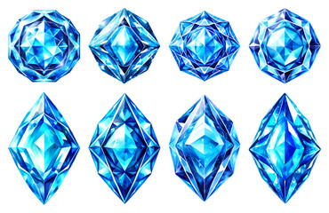 A collection of beautiful blue gemstones, isolated on a transparent background. Top-view set of colorfoul blue gems and stones.