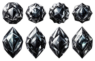 A collection of beautiful black gemstones, isolated on a transparent background. Top-view set of colorfoul black gems and stones.
