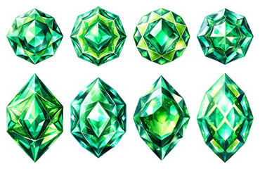 A collection of beautiful green gemstones, isolated on a transparent background. Top-view set of colorfoul green gems and stones.