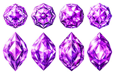A collection of beautiful violet and purple gemstones, isolated on a transparent background. Top-view set of colorfoul violet and purple gems and stones.