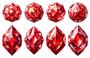 A collection of beautiful red gemstones, isolated on a transparent background. Top-view set of colorfoul red gems and stones. - obrazy, fototapety, plakaty