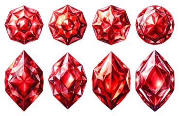 Poster A collection of beautiful red gemstones, isolated on a transparent background. Top-view set of colorfoul red gems and stones. © JeromeCronenberger