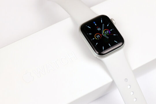 KYIV, UKRAINE - 4 MAY, 2023: Apple Watch series five 5 on white background close up