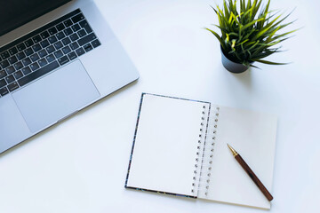 open notepad with blanc sheet for new year resolutions text. laptop and home plant on background