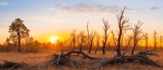 Dried grass and dead trees landscape on forest background at sunset from Generative AI