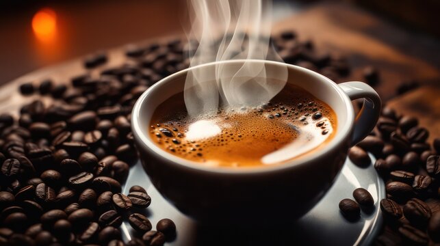 A cup of cappuccino coffee brewed with hot water, decorated with black coffee beans.