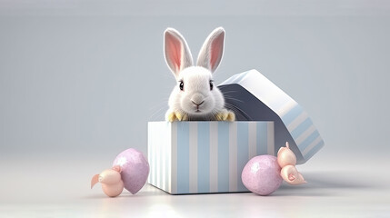 the Easter Bunny sits in a gift box surrounded by Easter eggs