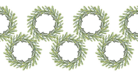 Watercolor seamless rim with green christmas tree fir wreath on white background. Circle frame border template. Realistic hand-drawn art with copy space for new year celebration invite or wallpaper