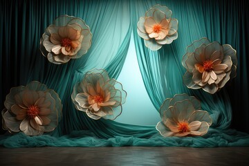 Maternity backdrop, wedding backdrop, photography background, maternity props, Light hoop weaved teal and coral flowers, elegant wall background, flowing white satin drape, backdrop, giant flowers