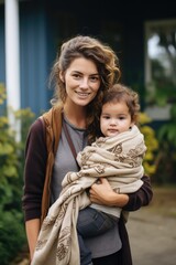 Obraz premium Happy woman holding her baby at her home front-yard