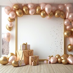 Obraz na płótnie Canvas Poster mock up with golden and pink balloons, gift boxes and confetti, 3D rendering, Ai Generated