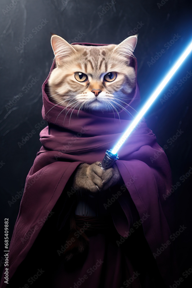 Wall mural cat in hooded outfit holding a blue light saber