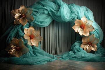 Maternity backdrop, wedding backdrop, photography background, maternity props, Light hoop weaved teal and coral flowers, elegant wall background, flowing white satin drape, backdrop, giant flowers - obrazy, fototapety, plakaty