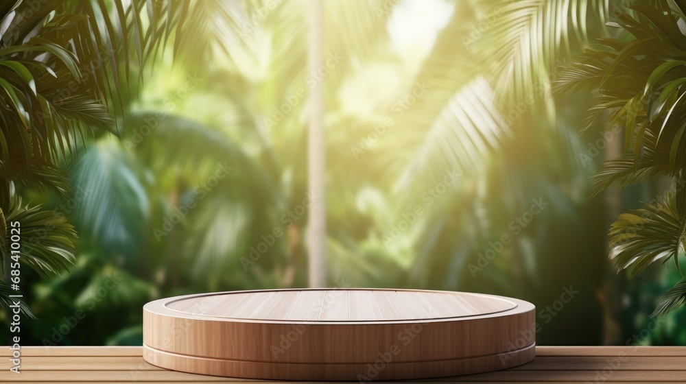 Aufkleber empty wooden table podium for product display on nature bokeh background. generative ai