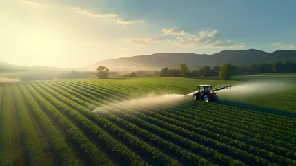 Papier Peint photo autocollant Prairie, marais Aerial view of tractor spraying pesticides on green plantation at sunset