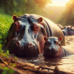 mother and baby hippo laying in the water - obrazy, fototapety, plakaty