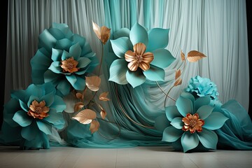Maternity backdrop, wedding backdrop, photography background, maternity props, Light hoop weaved teal and coral flowers, elegant wall background, flowing white satin drape, backdrop, giant flowers