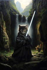 cat in hooded outfit holding a blue light saber