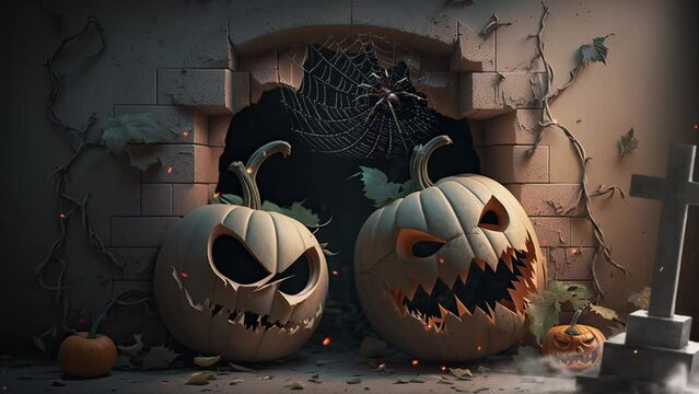 Creepy Halloween Pumpkins Breaking Through Wall: Monster Pumpkin Invasion. 4K Looping Video Halloween Background.