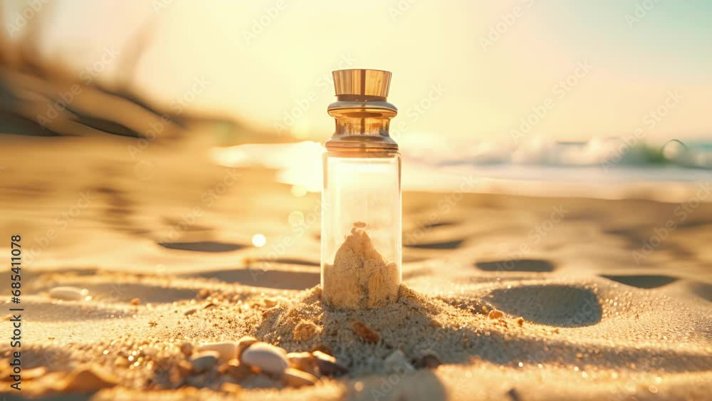 Poster closeup of the tiny grains of sand that have found their way into the bottle, a reminder of the hars