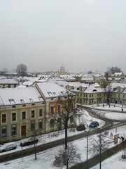 a city scape covered in snow