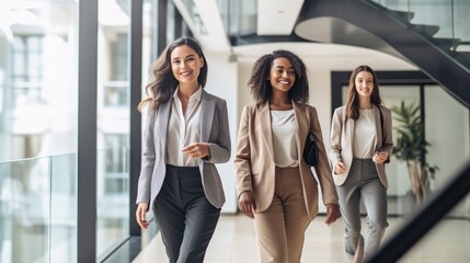 Three business women are walking in the office - obrazy, fototapety, plakaty