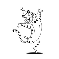Coloring page. Funny cartoon dancing tiger on white background. Jumping cute animal character in party hat for kids preschool activity. Black white outline sketch. Coloring book vector illustration.