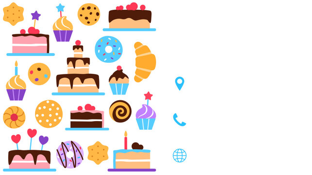 Pastry shop business card template with blank copy space. Baked healthy food visit card design. Bright colorful flat dessert snack elements donut cake muffin for sweet shop, cafe vector illustration.