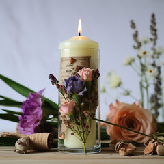  AI generated . Two burning candles and pink peonies, spring atmosphere. Elegant decorations composed of flowers and candles for a wedding
