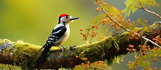 Woodpecker species, Dendrocopos major, on silver birch in UK forest.