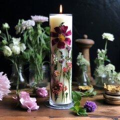  AI generated . Two burning candles and pink peonies, spring atmosphere. Elegant decorations composed of flowers and candles for a wedding