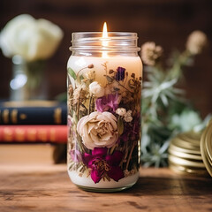  AI generated . Two burning candles and pink peonies, spring atmosphere. Elegant decorations composed of flowers and candles for a wedding