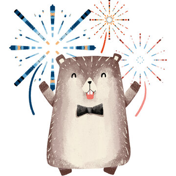 Groundhog And fireworks clipart, baby groundhog element, groundhog drawing,