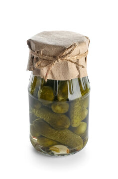 Jar with tasty pickled cucumbers on white background