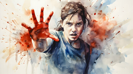 Intense watercolor of a girl reaching out with a bloodied hand.