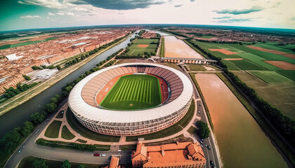 Aerial view of a soccer stadium near a river