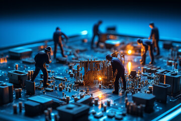 The tiny figures of labour working on the electronic circuit, Generative Ai - obrazy, fototapety, plakaty