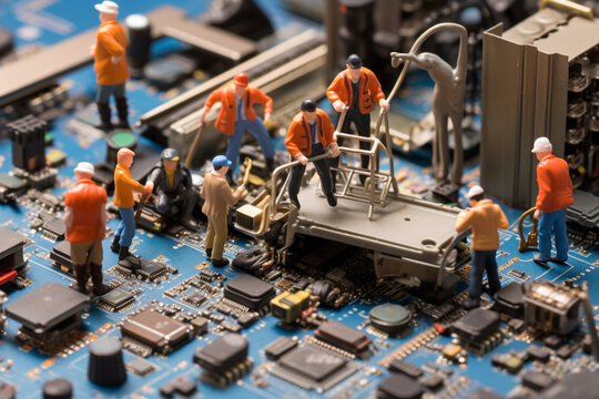 The tiny figures of labour working on the electronic circuit, Generative Ai